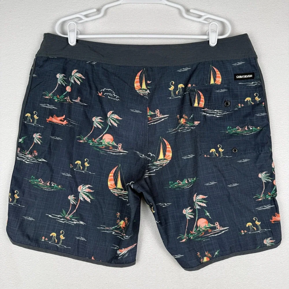 Quiksilver Highline Board Shorts Mens 40 Grey Tropical Sailboat‎ EQYBS04524